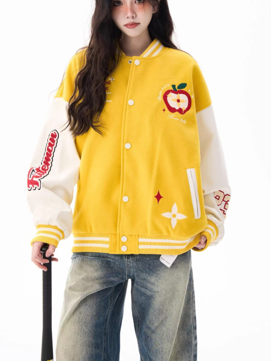 Cross-Border Baseball Uniforms, Fun Men's and Women's Cartoon Jackets, Spring, Autumn and Winter Tops, Towel Embroidery and Leather Foreign Trade Stand-Up Collar Jackets