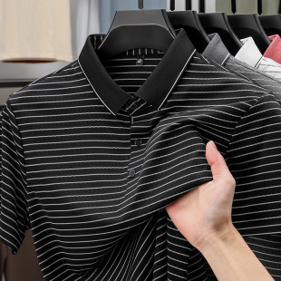 high quality Ice Silk Striped Short-sleeved T-shirt Men's Summer Loose Lap Collar Middle-aged Half-sleeved Polo Shirt Dad Top