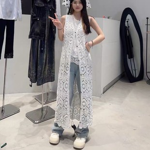 Summer New Long Hollow Knitted Cardigan Women's Pure Desire Elegant Sleeveless Over-the-knee Sun Protection Shirt Crocheted Jacket