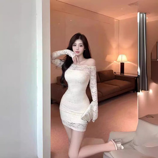 Shoulder Long-sleeved dress Women's Early Autumn Pure Desire Sister's Lace Skirt Sexy Tight Waist Sheath Skirt