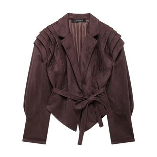 Autumn 2024 New Women's Clothing European and American Style Fashion Street Design Sense Waistband Suede Jacket Coat
