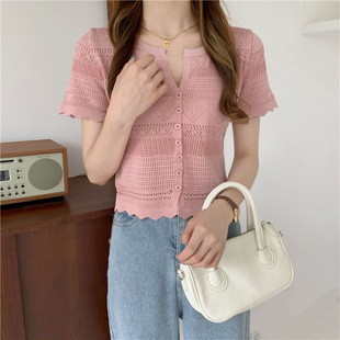 Hollow Knitted Cardigan Women's Thin Short-sleeved 2023 Spring and Summer New Outside Sunscreen Shawl Net Shirt Short Top