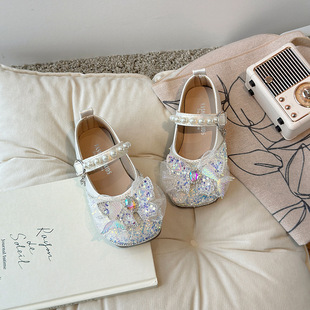 Children's Library Rabbit Girls' All-match Soft-soled Princess Shoes 2025 Spring and Autumn New Soft-soled Bow Sequins Rhinestone Leather Shoes
