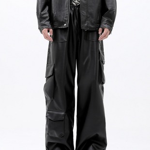 2024 Hip Hop Fashion Brand American Style High Street Functional Black Leather Pants Men's Loose Youth Loose Sports Wide Leg Long