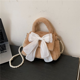 Cute bow 2023 new sweet girl Plush Bag commuter plush Pearl portable shoulder messenger bag