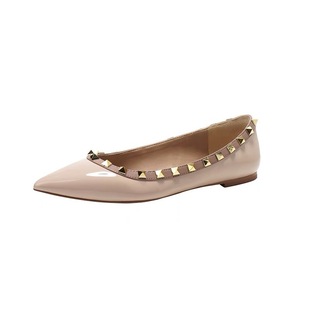 Nude Pointed Toe Shoes Women's 2024 Spring Shallow Patent Leather All-match European and American Soft Bottom Boat Shoes Flat Rivet Shoes for Commuter