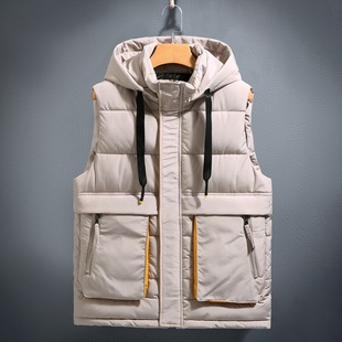 Vest Men's Winter Hooded Vest Thickened fleece-lined Warm Down Cotton Waistcoat Men's Winter Sleeveless Vest Jacket