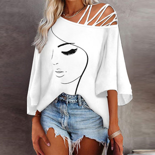 New Wholesale Amazon Independent Station Autumn European and American Fashion Stitching Loose Casual Top Women Printed T-Shirt