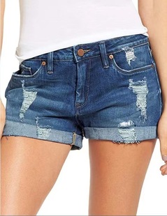 Factory direct European and American cross-border foreign trade high waist elastic hole flanging temperament denim shorts women