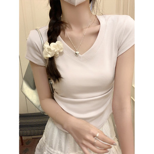 Cotton light blue V-neck Shoulder Short-sleeved T-shirt Women's Summer 2024 Fashionable All-match Western-style Fashionable Brand Waisted Pleated Top