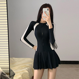 Korean-style ins Long-sleeved Swimsuit Women's Conservative Skirt One-piece Sun-protection and Meat-covering Slim-fit Small Fresh Style Hot Spring Swimsuit for Students