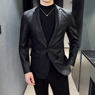 Autumn men's biker leather thin cardigan button design long sleeve handsome classic slim all-match youth