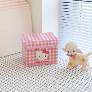 Japanese cartoon Plaid cute desktop storage box student pink girl heart PU storage box with lid foldable
