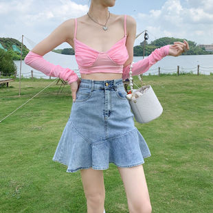 Ruffled Denim Skirt Women's 2025 Elastic Fishtail Hip Small Slim A- line Skirt light blue