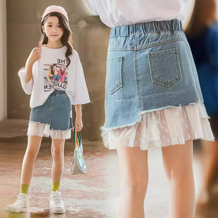 Girls' Denim short skirt 2024 Summer new Korean style children's lace stitching skirt big children's western style skirt