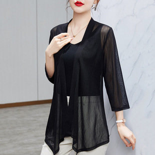 Lightweight yarn sun protection shirt women's summer new nine-quarter sleeve cardigan outer wear women's mid-length air conditioning shirt shawl sun protection clothing