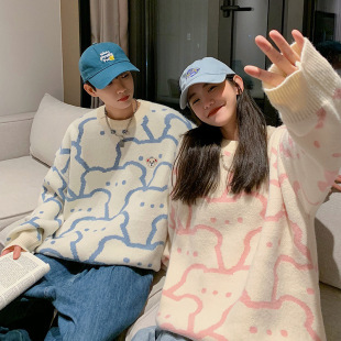 Cubs Couple Sweater Women's Spring and Autumn 2021 New Knitted Lazy Style Loose Outer Wear Pullover Jacket Clothes