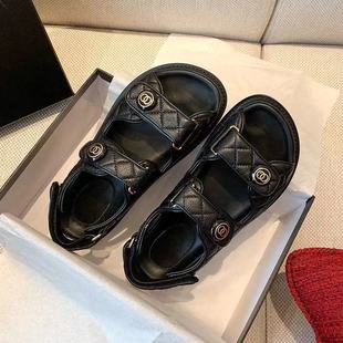 Chanel style sandals for women 2024 new fairy style genuine leather Velcro summer new all-match flat women's shoes ins fashion ~
