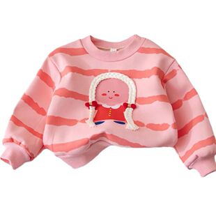 2024 Autumn and Winter Popular Korean Style Trendy Thick Outerwear Cute Long Sleeve Girls' Velvet Sweater Baby Children's Clothing Top