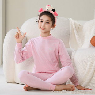 Boys and Girls Shvelvet Color Cotton Autumn Clothes and Pants Winter Cotton Middle Collar Base Home Clothes Children's Thermal Underwear Set