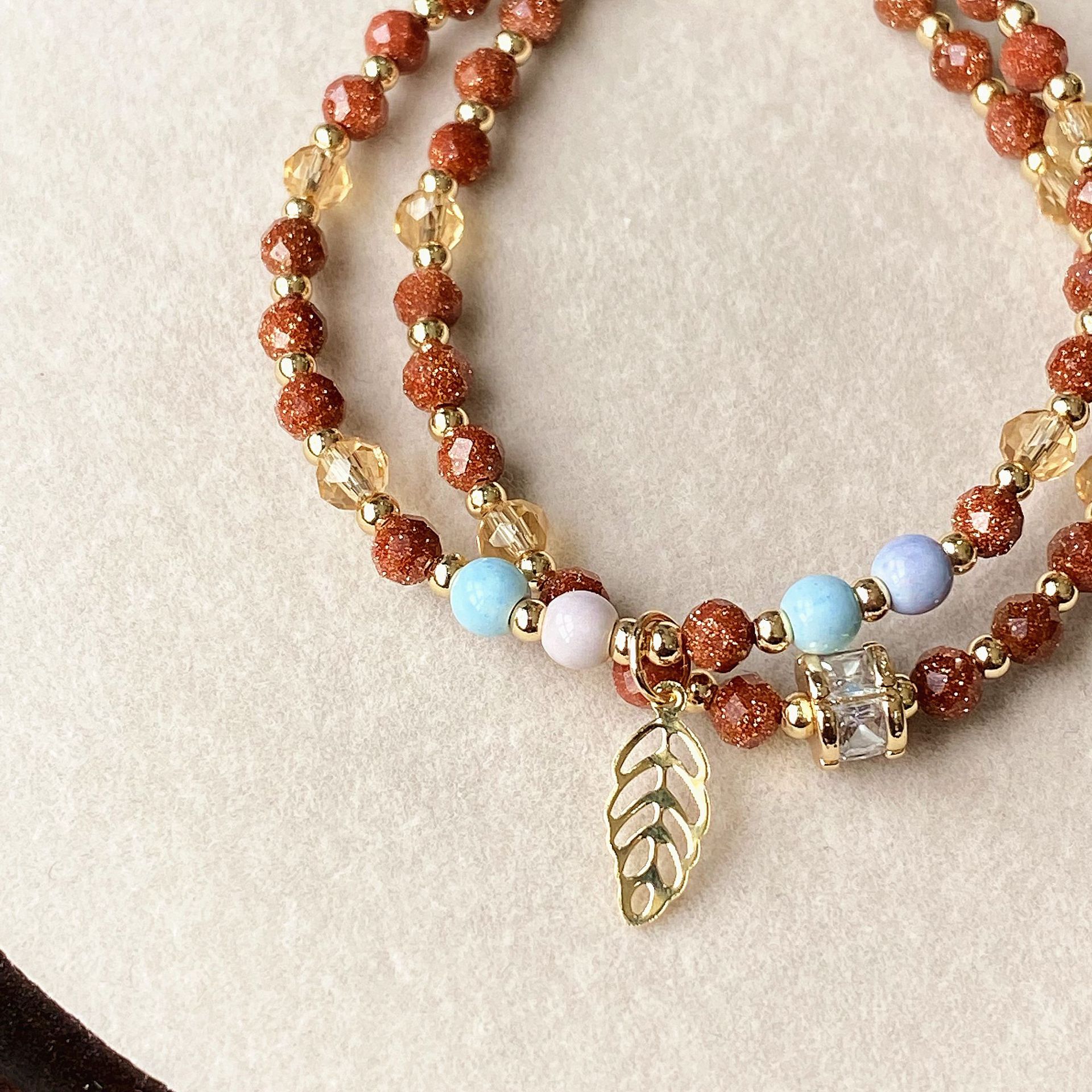 National Style Faceted Red Gold Sandstone with Rainbow Stone Double Circle Bracelet Glitter Red Bracelet Bracelet Jewelry Wholesale