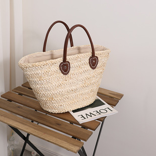 Corn Hood Hand-Woven Hand-Held Basket New All-Match Large Capacity Straw Woven Bag Women's Beach Bag for Seaside Holiday