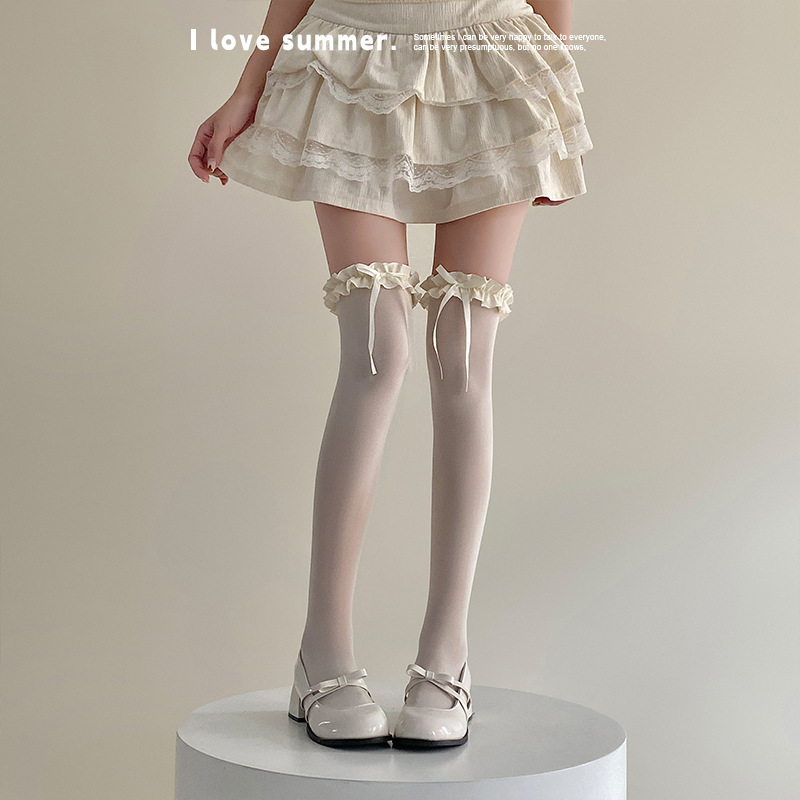 Lolita White Silk Over-The-Knee Socks Women's Bow Lace Socks Autumn and Winter Lolita Lace Black Milk White Thigh Socks