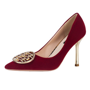 Wedding Shoes Xiuhe Wedding Dress Rhinestone Bridal Shoes Red High Heels Women's Spring and Autumn Stiletto Heel Pointed Fashion Mid-Heel Single-Layer Shoes