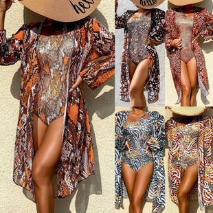 2024 Europe and the United States cross-border long sleeve blouse hot spring two-piece Amazon retro printed gilded one-piece hollow swimsuit