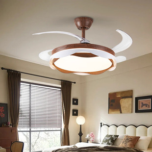 Medieval Style Invisible Fan Lamp Variable Frequency Silent Bedroom Fan Lamp Retro Walnut Color Dining Room Living Room Ceiling Fan Lamp