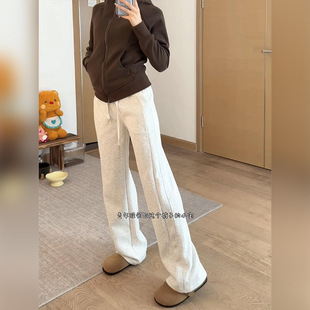 White Gray fleece-lined Pants Women's Sports Casual Pants High Waist Straight Pants Winter Wide Leg Pants Women's Thickened Warm Pants