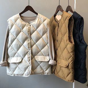 Autumn and Winter Cotton-padded Jacket Vest Women's Short Vest Diamond Plaid Cotton-padded Jacket Outer Wearing Korean-style All-match Vest Waistcoat