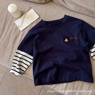 Cross-border Pure Cotton Children's T-shirt Striped Stitching Long Sleeve Spring Trendy Brand Boys' Thin Top Baby Spring and Autumn Children's Wear