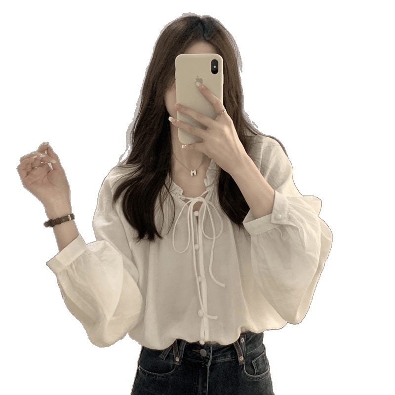 여성을위한 프랑스 스타일 레이스 업 셔츠 새로운 2025 여름 쉬폰 여성 하이 엔드 긴팔 작은 루즈 탑