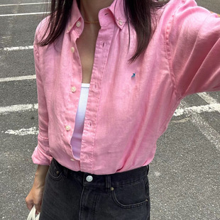 RL Pony Embroidered Linen Shirt High Version Spot Fashion Versatile Women's Top Shirt Cotton and Linen Can Scan the Qr Code