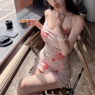 Summer New Floral Sling dress Women's Design Slim-fit Slimming Pure Desire Sexy Swing Collar Long Hip Dress Trendy
