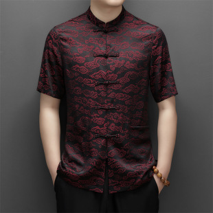Summer Men's Shirt Mulberry Silk Short-sleeved New Middle-aged Casual Tang Coat Chinese Style Buckle Dad Shirt