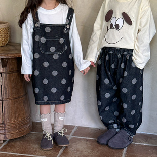 Boys' Denim Pants Casual Children's Autumn 2025 New Spring and Autumn Baby Wave Dot Girls' Strap dress