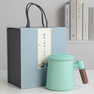 Ceramic office cup black pottery water Cup three-piece tea separation tea cup mug business hand gift wholesale