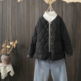2024 autumn and winter new plus size women's diamond-shaped lattice collarless light cotton-padded short cotton-padded jacket women's cotton-padded jacket coat