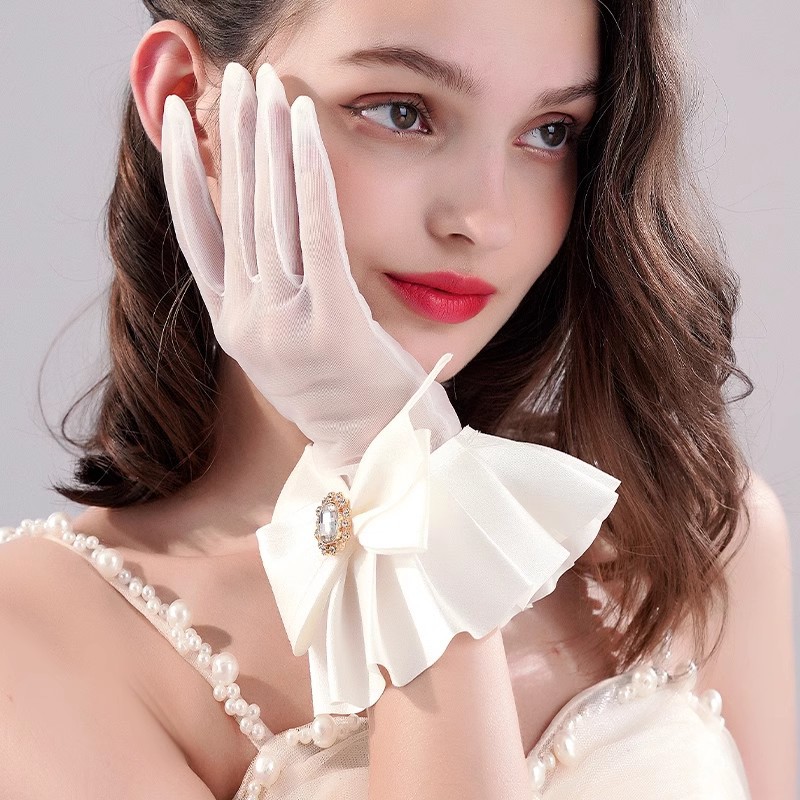Wedding Gloves Bridal Short Mesh Stretch Ruffled Retro Big Bow Wedding Photo Hepburn Hand