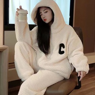 Autumn and Winter High-end Couples Hooded Zipper Pajamas suit fleece-lined Thickened Coral Fleece Home Clothes Two-piece Set
