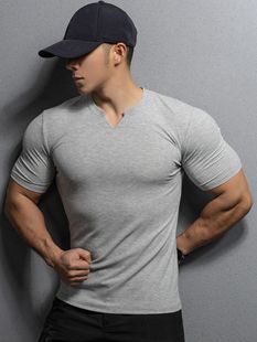 New Men's spring and summer sports casual running workout gym training solid color stretch V-neck striped short sleeve t-shirt