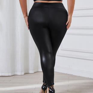 Bright leather black high waist plus size women's foreign trade cross-border wholesale leather high elastic hip lift Europe and the United States commuter leggings