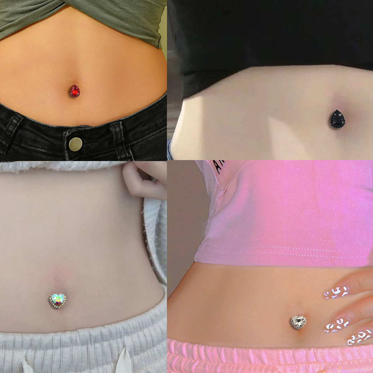 4 Pieces/European and American Cross-Border Colorfulful Rhinestone Heart Navel Stickers for Women Sexy Rhinestone Drop-Shaped Non-Piercing Jewelry