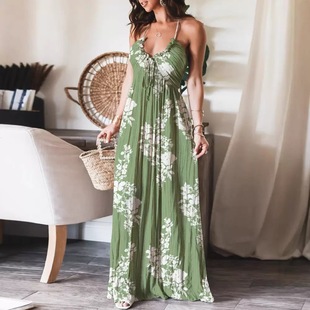 2023 Foreign Trade Cross-border Europe and America Amazon Summer New Solid Color Sexy Backless U-Collar Strap Back Long Dress