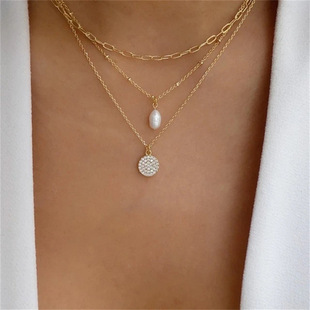 Cross-border Fashion Jewelry Simple Metal Multi-layer Necklace Multi-element Round Rhinestone Pearl Necklace Hot Selling in Europe and America