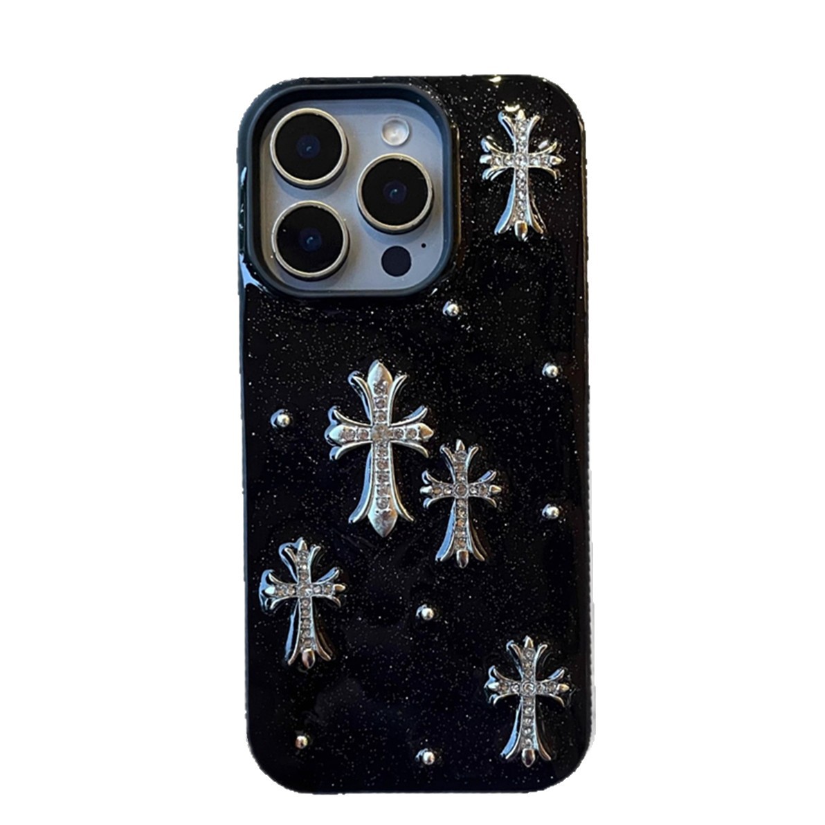 European and American style rhinestone black 3D cross phone case for iPhone 17 Pro Max and Apple 16 Pro