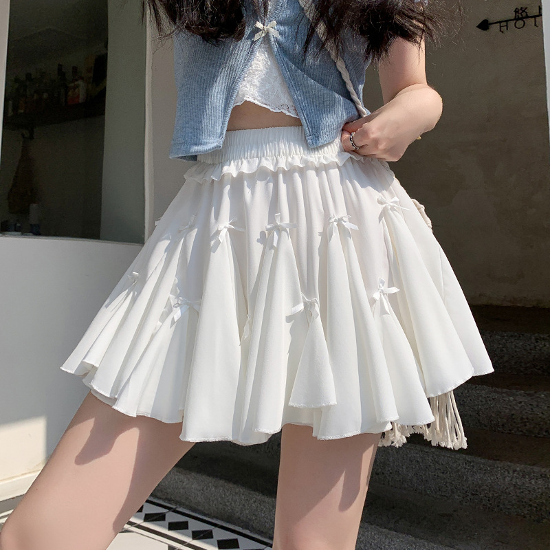Bow Cake Half-length Skirt Women's Summer Sweet Ballet High Waist Slimming Anti-glare A- line Puff Skirt