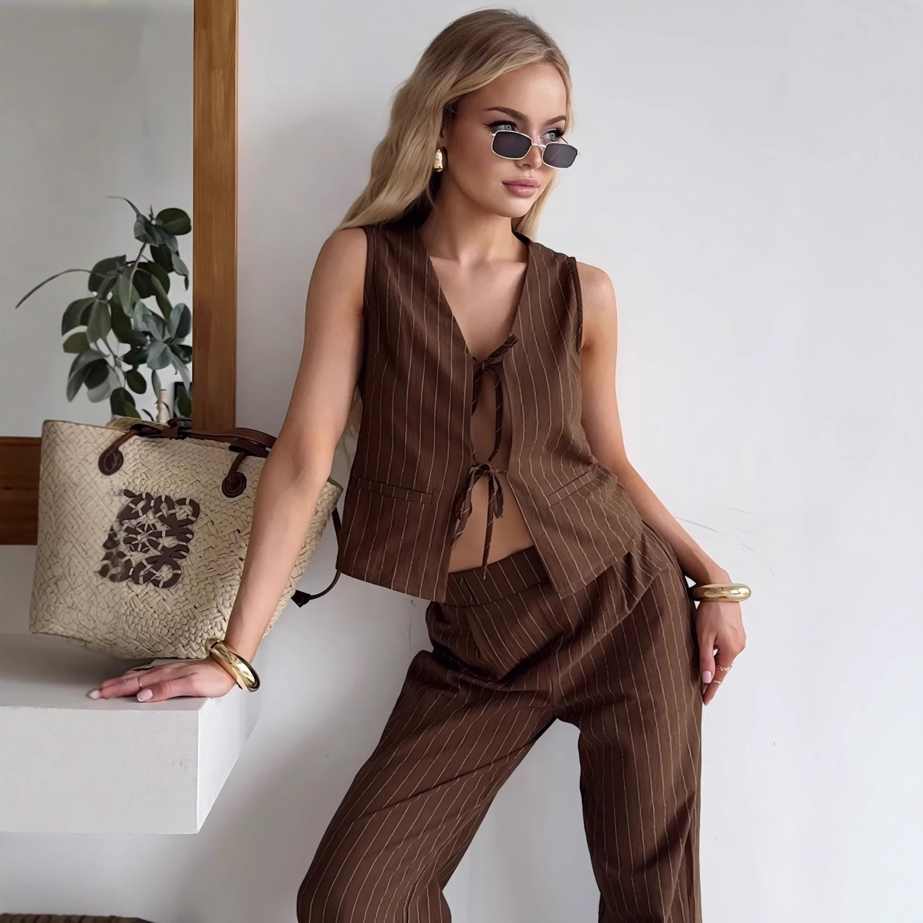 2025 Summer New Cross-Border European and American Women's Fashion Tie-Up Cardigan Wide-Leg Pants Stylish Workwear Striped Cotton